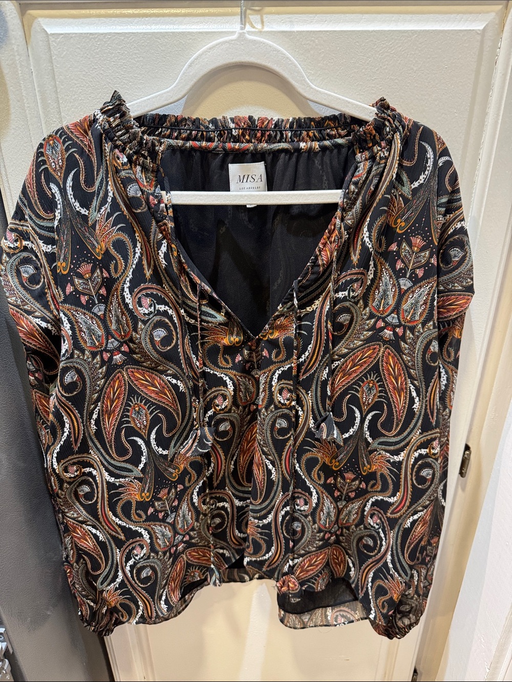 Misa Los Angeles Black Paisley Blouse with Copper and Cream Accents